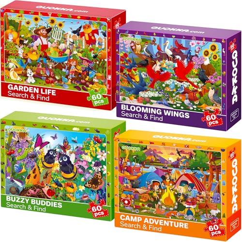 Puzzles for Kids Ages 6-8 - 4 x 60 Piece Jigsaw Kids Puzzles Ages 4-6 | Search & Find Kids Puzzles Ages 5-8 - Animals and Bugs - Educational Learning Gift for Toddlers 3 Year Olds - color: Birds & Bugs