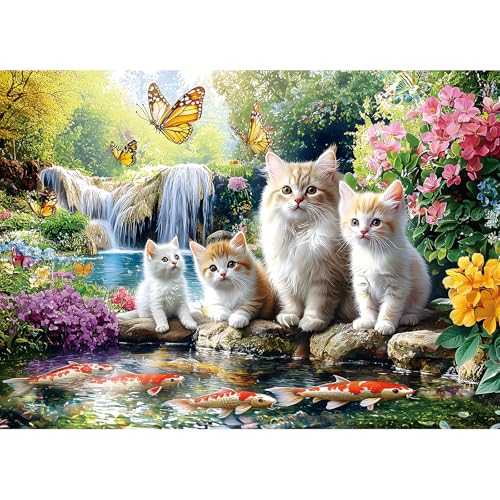 Puzzles for Adults 1000 Pieces, Fun Cats & Koi Fish - Waterfall Scene with Butterflies, Animal Pet Lover Jigsaw Puzzle 1000 Pieces Challenging Perfect for Game Nights (27.5"x19.7") - color: White - Cats & Koi Fish, size: 27.5" X 19.7"