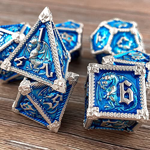 AUSTOR 7-Die Metal DND Dice Set Dungeons and Dragons Polyhedral Roll Playing Dice with Box D20 D12 D10 D% D8 D6 D4 for Pathfinder MTG RPG Board Games - color: Sky Blue With Silver Edge