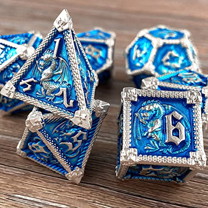 AUSTOR 7-Die Metal DND Dice Set Dungeons and Dragons Polyhedral Roll Playing Dice with Box D20 D12 D10 D% D8 D6 D4 for Pathfinder MTG RPG Board Games - color: Sky Blue With Silver Edge