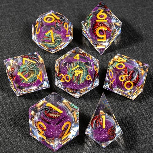 KERWELLSI Liquid Core Dragons Pattern Dice, Resin DND Dice Set with Gift Box, Purple and Gold Sharp Edged Dungeons D&D Dice, Role Playing Game Dice D20 D12 D10 D8 D6 D4 - color: Purple and Gold