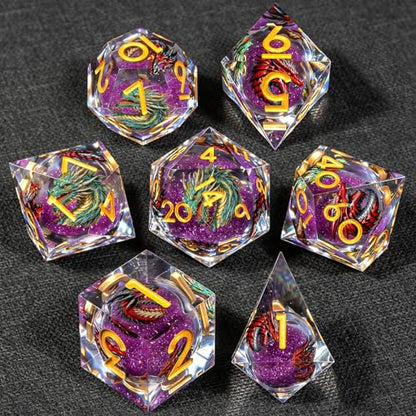 KERWELLSI Liquid Core Dragons Pattern Dice, Resin DND Dice Set with Gift Box, Purple and Gold Sharp Edged Dungeons D&D Dice, Role Playing Game Dice D20 D12 D10 D8 D6 D4 - color: Purple and Gold
