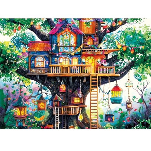 500 Piece Puzzle for Adult,Fantastical Treehouse Escape Puzzle for Adult Senior,Colorful Whimsical Art Style Jigsaw Puzzle 500 Piece,Challenging Family Game Gift for Friends Men Women Senior,20.5*15In - style: a treehouse