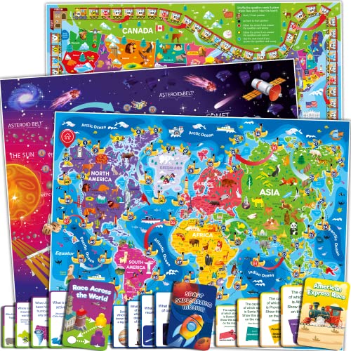 QUOKKA 3X Set Learning Board Games for Kids 8-12 - Educational Trivia Cards Ages 6-8 - Travel United States - World Map - Explore Outer Space - Gift for Children and Teens 4-8 - Jigsaw Puzzles - color: 3 Board Games