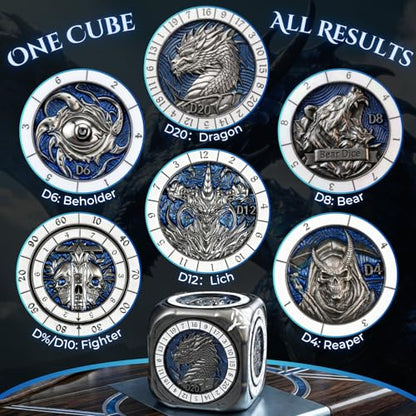 7-in-1 Spinner Dice Cube for D&D, Premium Metal RPG Dice Set with Engraved Fantasy Monsters, Unique Collectible Gift for Dungeons & Dragons Players - color: Spinner Cube Blue