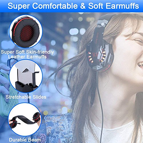 BlueFire Stereo Gaming Headset for PS4, PS5, PC, Xbox One, Noise Cancelling Over Ear Headphones with Mic, LED Light, Bass Surround, Soft Memory Earmuffs for Laptop Nintendo Switch (Black-Red) - color: Black-Red