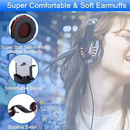 BlueFire Stereo Gaming Headset for PS4, PS5, PC, Xbox One, Noise Cancelling Over Ear Headphones with Mic, LED Light, Bass Surround, Soft Memory Earmuffs for Laptop Nintendo Switch (Black-Red) - color: Black-Red
