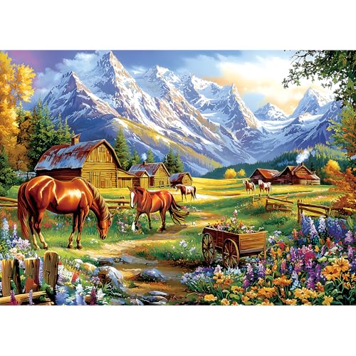 1000 Pieces Jigsaw Puzzles for Adults, Mountain Landscape Puzzles with Grazing Horses and Log Cabin for Adults and Teens Family Challenging for Game Nights (27.5 x 19.7 Inch) - color: Colorful - Mountain View Horses