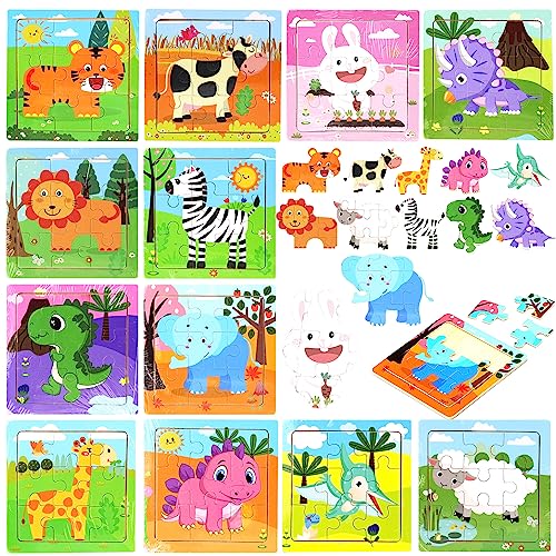 12 Pack Mini Wooden Animal Puzzles for Kids 3+ - 9-Piece Toddler Educational Travel Toys | Cute Farm & Wild Animal Party Favors | Preschool Learning Gift Set for Boys & Girls