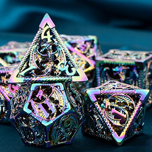 ARUOHHA Hollow DND Metal Dice Set Rainbow Dragons D and D Dice, RPG Role Playing Games Dungeons Polyhedral Dice with Gift Box D20 D12 D10 D8 D6 D4 - color: Colorful