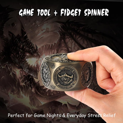 DNDND 8-in-1 Spinner Dice with Dual D20 - Hexagonal Metal D&D Monster Themed Dice Set for TTRPG Dungeons and Dragons, Dungeon Masters with Collectible Gift Tin (Brass) - color: Brass