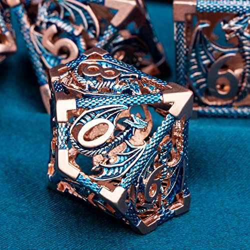 ARUOHHA Hollow DND Metal Dice Set Blue Dragons D and D Dice, RPG Role Playing Games Dungeons Polyhedral Dice with Gift Box D20 D12 D10 D8 D6 D4 - color: Copper Blue