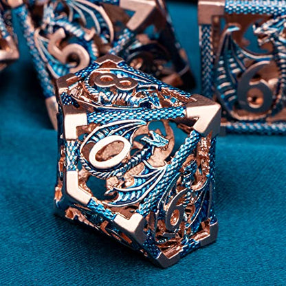 ARUOHHA Hollow DND Metal Dice Set Blue Dragons D and D Dice, RPG Role Playing Games Dungeons Polyhedral Dice with Gift Box D20 D12 D10 D8 D6 D4 - color: Copper Blue