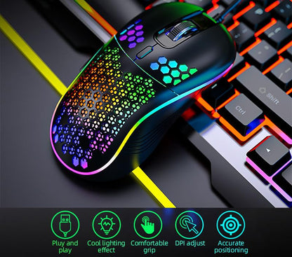 DC G40U Wired Gaming Mouse, RGB Honeycomb Ergonomic Design, 4 DPI Levels (1200/2400/4800/7200), Optical Sensor, Plug and Play, Compatible with PC, Mac, Tablet (Black) - color: Black