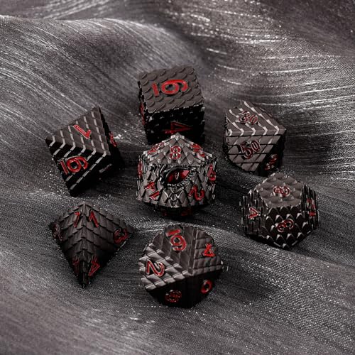 Dragon Eye Metal Dice Set - 7 Pcs Dragon Scale Metallic Dice, Gift Box for Dungeons & Dragons Tabletop Game (Black Dragon Scale & Red Eye) - color: Black Dragon Scale & Red Eye