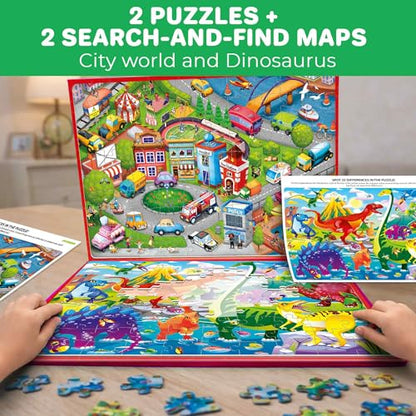 QUOKKA Magnetic Puzzles for Kids Ages 4-6 – 100 PCS Magnetic Puzzle Book for Toddlers 3-5 – 2 Puzzles & 2 Spot The Difference Maps – Search & Find Travel Games – Activity Book Dinos & City Cars - color: Dino 100pcs