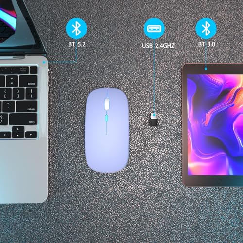 AIKOKOK Wireless Bluetooth Mouse, Rechargeable Dual Mode Mouse, Purple | BT 5.2 & 2.4G USB Receiver, 3 Adjustable DPI,LED Lights,Slim,Silent,Portable Computer Mouse for Laptop,PC,MacBook,iPad,Tablet - color: Purple