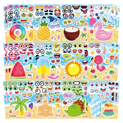 Summer Stickers, Make a Face Sticker, Hawaii Tropical Pool Beach Stickers | 24 Sheets Make Your Own Sticker with Pineapple Flamingo Beverage, Summer Holiday Party Favors - style: Summer