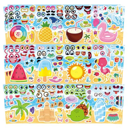 Summer Stickers, Make a Face Sticker, Hawaii Tropical Pool Beach Stickers | 24 Sheets Make Your Own Sticker with Pineapple Flamingo Beverage, Summer Holiday Party Favors - style: Summer