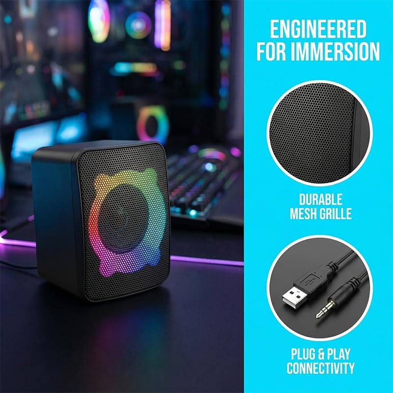 1 Pair Computer Speakers with Subwoofer, USB Powered Speakers with 3.5mm Aux Input, Wired RGB Stereo Speaker for Desktop PC Monitor, Gaming Desk Accessories