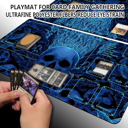 MTG Playmats(Stitched) 14x24in Compatible for OCG CCG RPG TCG Playmats with Card Zones Storage Bag (Mystery of Blue-with Zone) - color: Mystery of Blue-with Zone