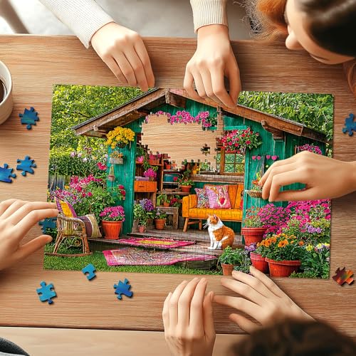 Flower House 500 Piece Puzzle for Adults Colorful Garden Shed Cat Jigsaw Puzzles with Letters on Back Perfect Family Challenge for Game Nights(23"X15") - color: Flower House