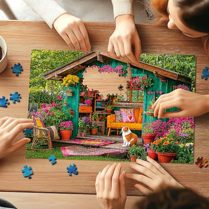 Flower House 500 Piece Puzzle for Adults Colorful Garden Shed Cat Jigsaw Puzzles with Letters on Back Perfect Family Challenge for Game Nights(23"X15") - color: Flower House