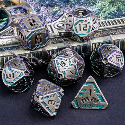Metal DND Sci-fi Dice Set 7PCS Stripe Polyhedral Dice for Dungeons Dragons RPG Role Playing Game, Glitter D and D Dice with Gift Box D6 D8 D10 D12 D20 (Grey&Purple Green) - color: Silver Gray - Purple Green