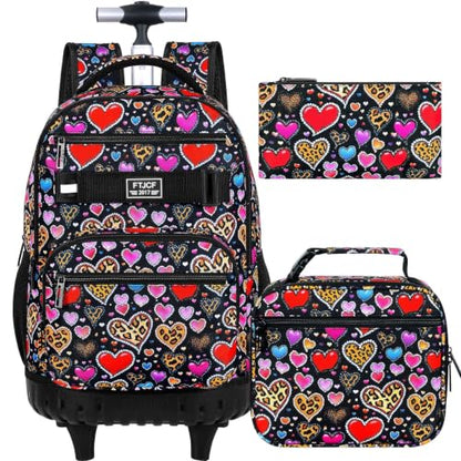 3Pcs Rolling Backpack for Girls Women, Leopard print Travel Roller Backpacks with Wheels for Adults, Teens College Wheeled Bookbag with Lunch Box(Brown) - color: Brown Love