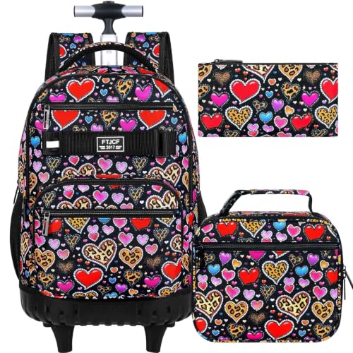 3Pcs Rolling Backpack for Girls Women, Leopard print Travel Roller Backpacks with Wheels for Adults, Teens College Wheeled Bookbag with Lunch Box(Brown) - color: Brown Love