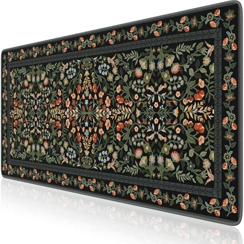iCasso Desk Mat for Keyboard and Mouse, Large Mouse Pad, Desk Pad Mat, Anti-Slip Big Mousepad with Stitched Edges for Computer Desktop(Floral) - color: Black, size: 35.4L x 15.7W inches