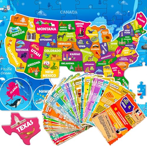 United States Puzzles for Kids Ages 8-10 - 70 Pcs Jigsaw Floor USA Map Puzzles for Kids Ages 6-8 - Includes 50 Cards with 400+ USA Facts - US State & Capitals Educational Gift for Children 4-8 - color: 01. Usa 70