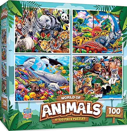 MasterPieces Jigsaw Puzzle Set for Kids, 4-Pack of 100 Piece Puzzles, Educational Animal Theme, Fun Game, Gift Idea, 8" x 10" - style: World of Animals V1
