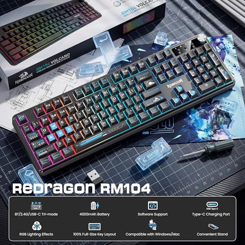 Redragon RM104 Wireless Gaming Keyboard with Knob, Tri-Mode BT/2.4G/USB-C RGB Computer Keyboards, 4000mAh Battery, Programmable Software Support, Anti-Ghosting, Compatible with PC Mac - Black & Blue - color: Black & Blue