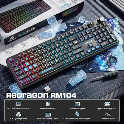 Redragon RM104 Wireless Gaming Keyboard with Knob, Tri-Mode BT/2.4G/USB-C RGB Computer Keyboards, 4000mAh Battery, Programmable Software Support, Anti-Ghosting, Compatible with PC Mac - Black & Blue - color: Black & Blue