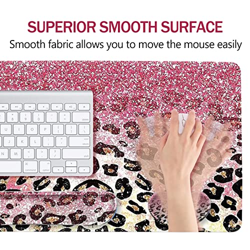 ARTSO Extended Gaming Mouse Pad Set, Keyboard Wrist Rest Support Pad + Wrist Cushion + XXL Large Mouse Pad + Coaster, Stitched Edge, Non-Slip, Memory Foam Desk Mat, Pink Leopard Print - color: Pink Leopard Print