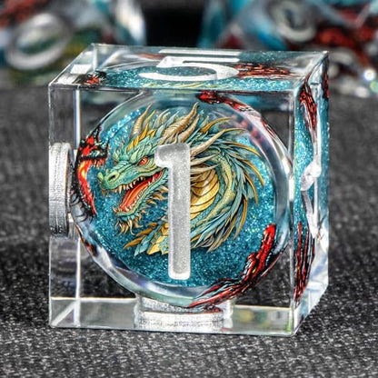KERWELLSI Liquid Core Dragons Pattern Dice, Resin DND Dice Set with Gift Box, Blue Sharp Edged Dungeons D&D Dice, Role Playing Game Dice D20 D12 D10 D8 D6 D4 - color: Blue