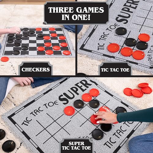 Elbow Room Giant Checkers Set - 3-in-1 with Reversible Mat - Ages 6+ | 28 in Play Surface, 25 Jumbo Pieces, Plastic Construction, Includes Storage Bag, 2 Player Game, 26 x 26 in Board