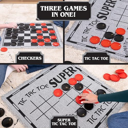 Elbow Room Giant Checkers Set - 3-in-1 with Reversible Mat - Ages 6+ | 28 in Play Surface, 25 Jumbo Pieces, Plastic Construction, Includes Storage Bag, 2 Player Game, 26 x 26 in Board
