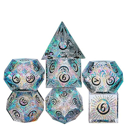 Cusdie Sharp Edges DND Dice, 7 PCs Moon Dice Set D&D Dice, Handcrafted Polyhedral Dice Set, for Role Playing Game Pathfinder(Moon/Black) - color: Moon Pattern-transparent Black