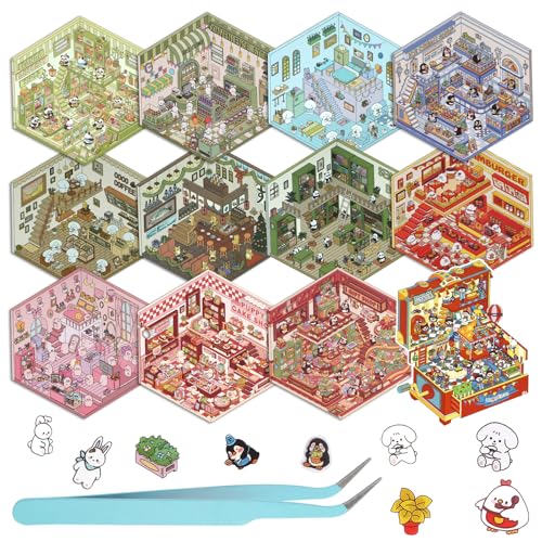 3D House Stickers, DIY Sticker Therapy for Adult Fun Cute Cartoon Stickers Scene Make Your Own Mini Room Scenes Miniature Supermarket for Relief Stress Pass The Time (12 Pcs) | Scene Make Your Own for MINI Room Scenes Miniature Supermarket for Relief Stre