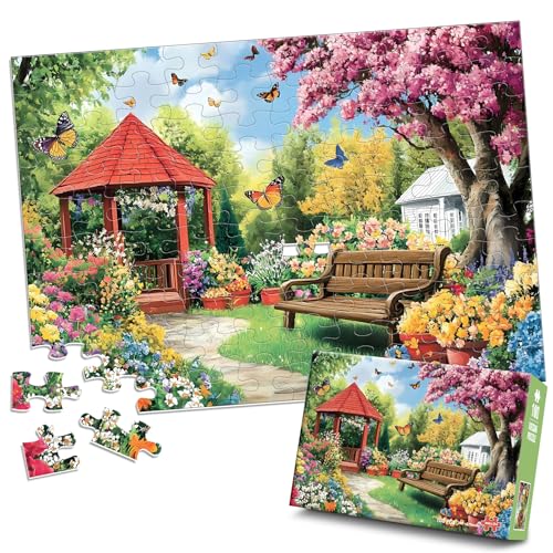Jeacirio 100 Piece Garden Puzzle for Seniors, Large Piece Jigsaw Puzzle with Colorful Flowers, Butterflies, Gazebo and Spring Garden Scene, Relaxing Activity Gift for Older Adults and Families - size: Garden Puzzles