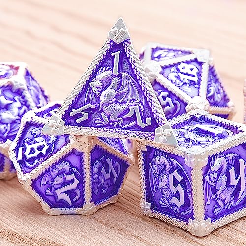 AUSTOR 7-Die Metal DND Dice Set Dungeons and Dragons Polyhedral Roll Playing Dice with Box D20 D12 D10 D% D8 D6 D4 for Pathfinder MTG RPG Board Games - color: Violet With Silver Edge