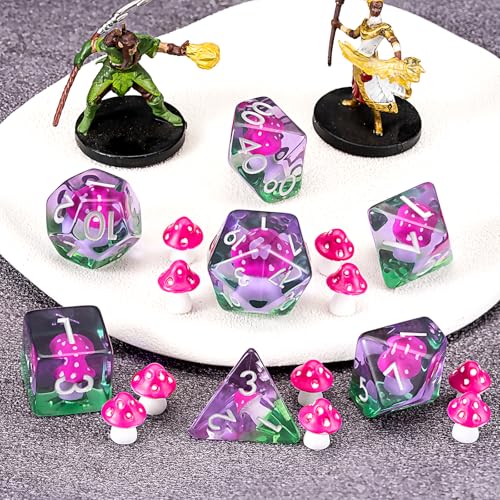 DND Mushroom Dice Set, Resin Polyhedral D&D D and D Dice Inclusion Dice for Dungeons and Dragons MTG RPG-for Ages 15 and Up - color: Mushroom-rose Red