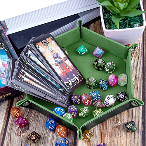 SIQUK 2 Pieces Dice Tray PU Leather Dice Trays Portable Folding Hexagon Dice Roller Tray for Dice Games Like RPG, DND and Other Table Games (Green, Camel) - color: Green, Camel