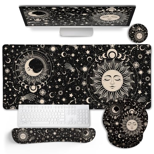 LIMKRIAN Sun Moon Mouse Pad Set Large Desk Mat Pad, Boho Desk Accessories | Ergonomic Mouse Pad Wrist Rest, Gaming Computer Keyboard Mat Wrist Support, Coaster, Home Office Desk Decor Supplies Witchy - color: XXL-Sun Moon Set