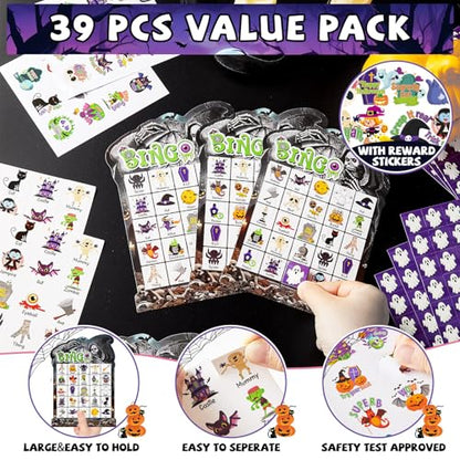 39 Pcs Halloween Party Bingo Game for Adults Kids 24 Players Tomb Shaped Bingo Game Card with Rewards Stickers for Families Friends Students Large Group Gathering Activities Boo Spooky Party Favors - style: Halloween Tomb