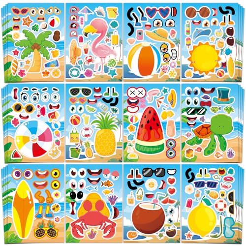 Aowplc 48 Sheets Summer Fun Make-a-Face Sticker Set for Kids – Create Your Own Faces with Beach, Tropical & Animal Stickers – Ideal Summer Crafts, Party Favors & Creative Activities - style: Summer Vibe