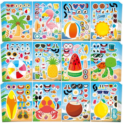 Aowplc 48 Sheets Summer Fun Make-a-Face Sticker Set for Kids – Create Your Own Faces with Beach, Tropical & Animal Stickers – Ideal Summer Crafts, Party Favors & Creative Activities - style: Summer Vibe