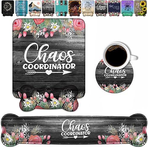 Keyboard Wrist Rest & Mouse Pad Wrist Support Set, Chaos Coordinator Quotes Colored Floral Wreath Print Design Non-Slip Rubber PU Base for Home Office Working Studying Easy Typing & Pain Relief - color: Chaos Coordinator Quotes Colored Floral Wreath Print